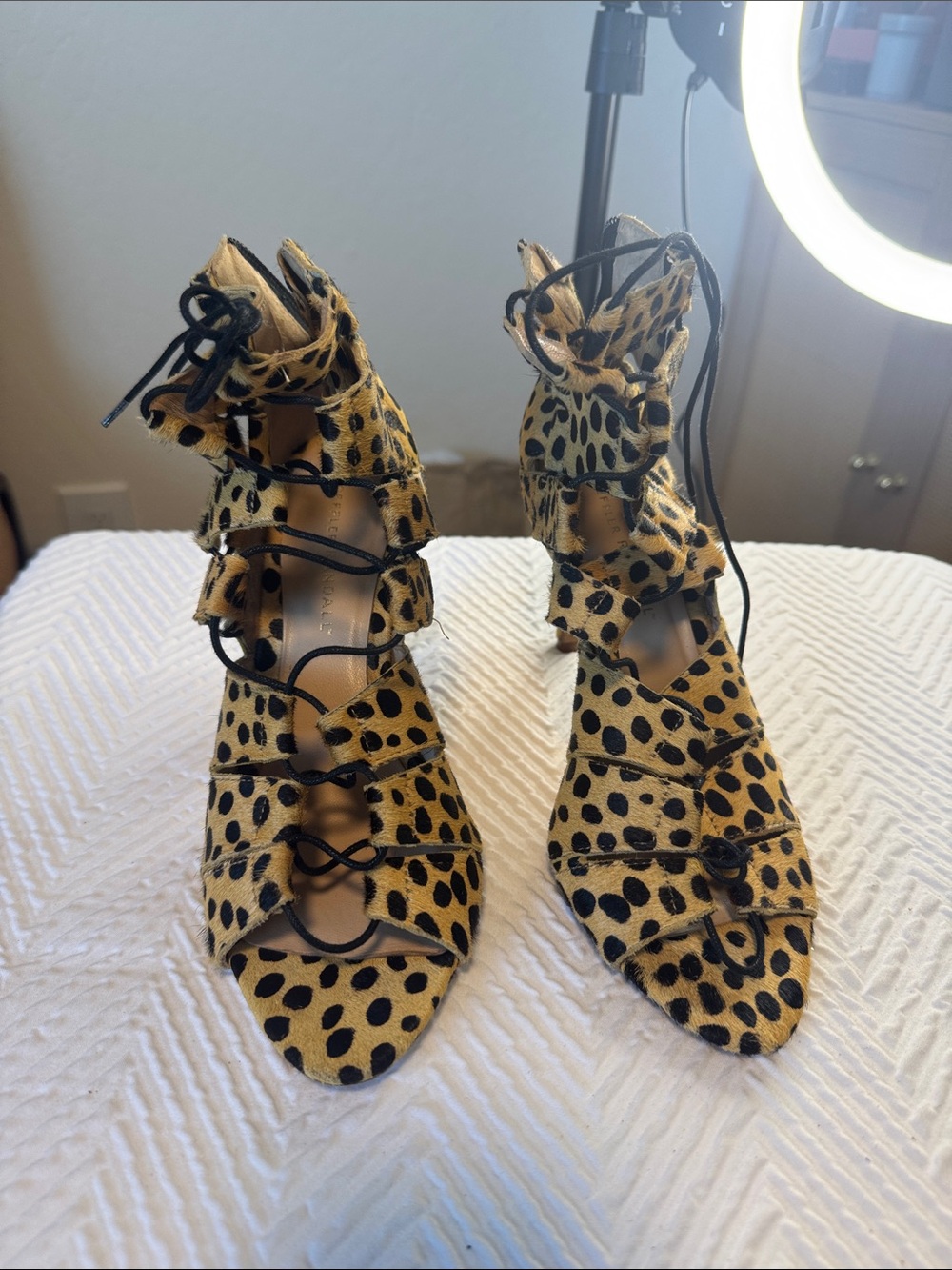 Loeffler Randall Leopard-Print Ruffle Lace-Up Heels - Tan/Black